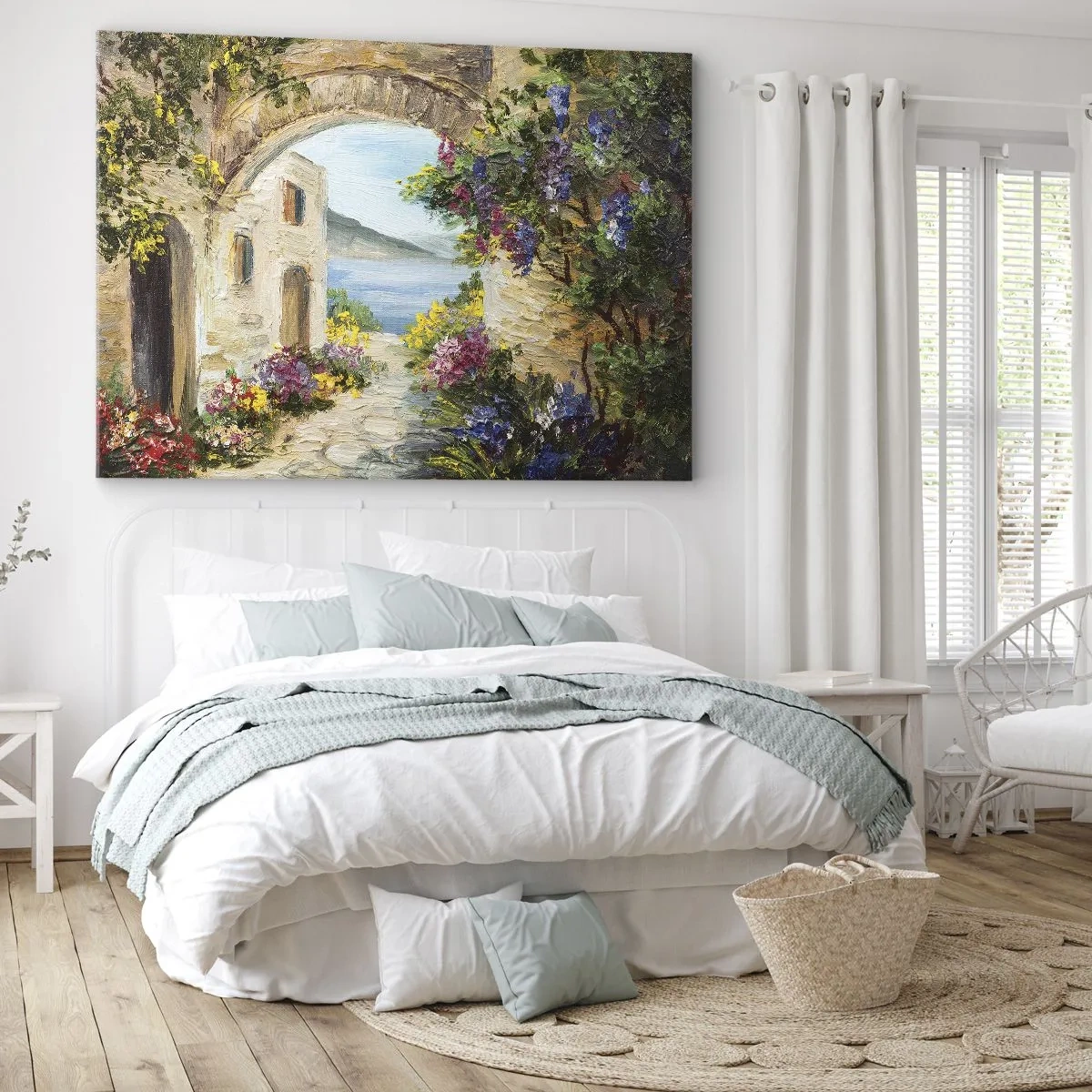 Impression sur toile - Image sur toile - Paysage de bord de mer avec des bâtiments en pierre et des fleurs - 100x70cm - Le charme d'une province côtière - Décoration murale moderne pour le salon et la chambre ARTTOR