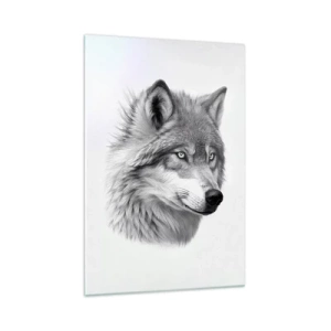 Impression sur verre - Image sur verre - Un portrait réaliste d'un loup dans des tons de gris. - 70x100cm - Alpha – sans aucun doute - Décoration murale moderne pour le salon et la chambre ARTTOR