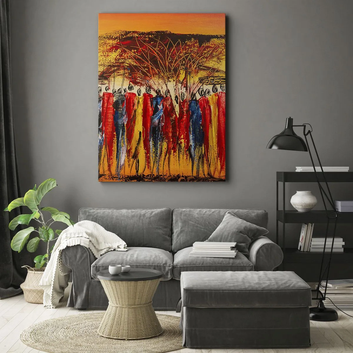 Impression sur toile - Image sur toile - Une scène colorée avec des personnages africains sur fond de soleil couchant. - 50x70cm - Là-bas, là-bas, ils vont là-bas - Décoration murale moderne pour le salon et la chambre ARTTOR