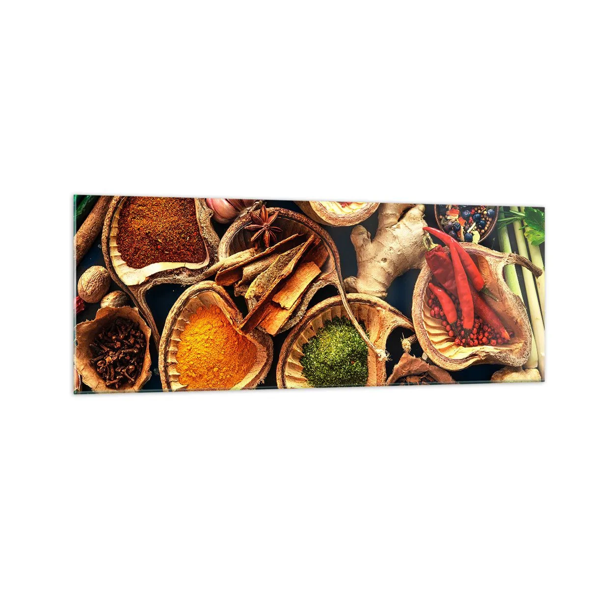 Impression sur verre - Image sur verre - Bols d'épices de différentes couleurs - 140x50cm - Prends ce que tu veux - Décoration murale moderne pour le salon et la chambre ARTTOR