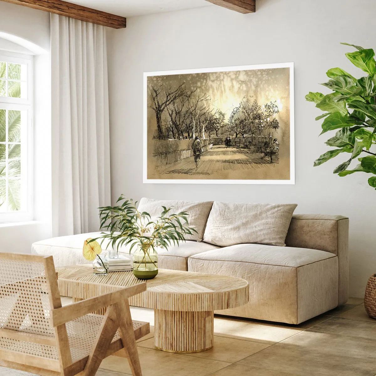 Affiche - Poster - Une scène de dessin animé d'un parc avec des gens marchant dans des tons chauds. - 100x70cm - Un moment arrêté avec une plume - Décoration murale moderne pour le salon et la chambre ARTTOR