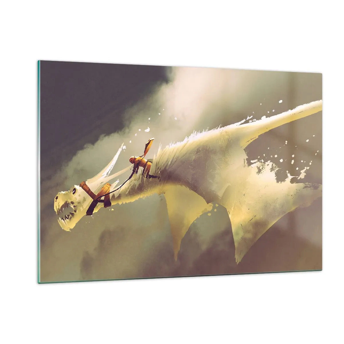 Impression sur verre - Image sur verre - Une silhouette sur le dos d'un dragon blanc dans un paysage brumeux - 120x80cm - Le monde à la rescousse - Décoration murale moderne pour le salon et la chambre ARTTOR