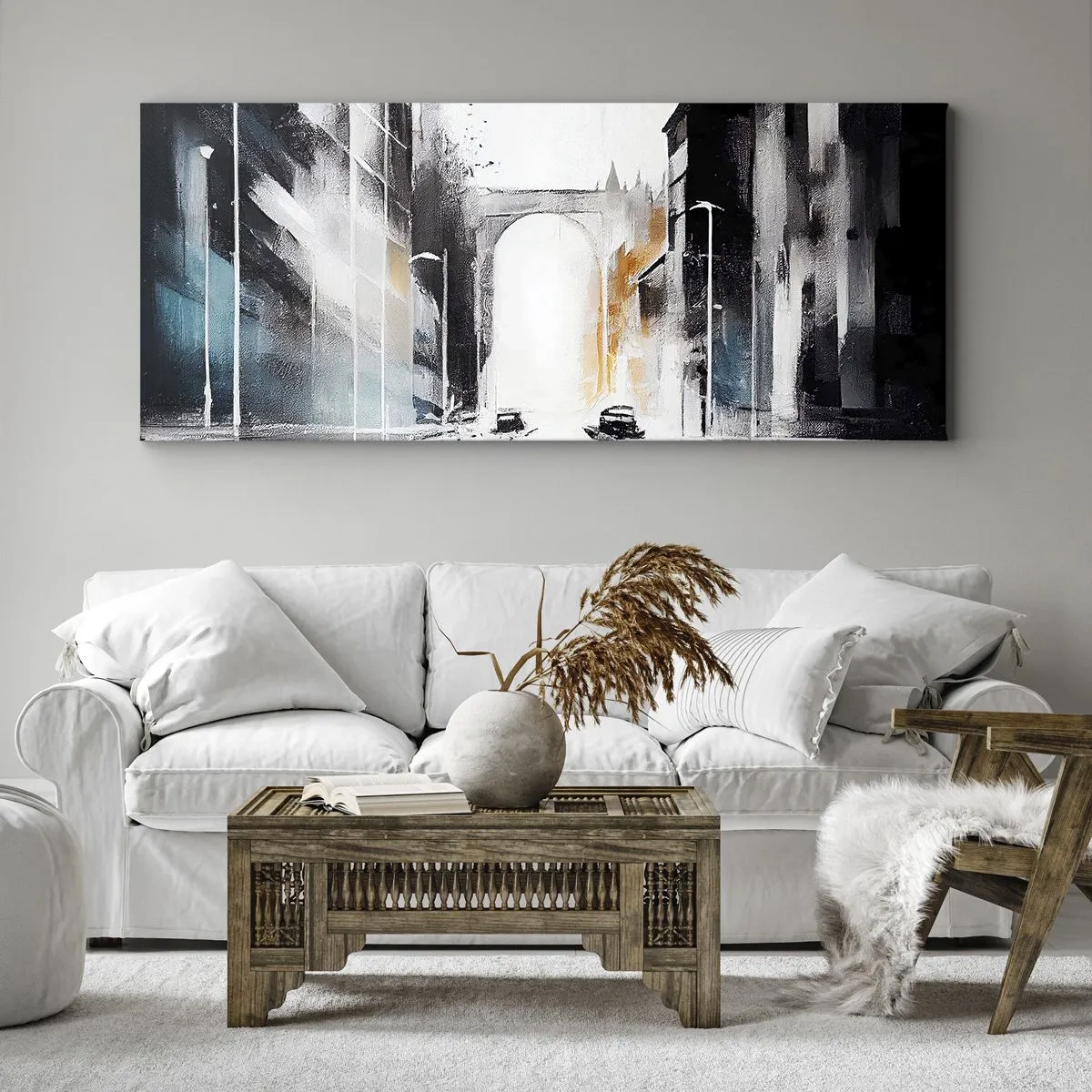 Impression sur toile - Image sur toile - Panorama abstrait de la ville avec un pont en arc - 120x50cm - Étude de ville : architecture et mouvement - Décoration murale moderne pour le salon et la chambre ARTTOR