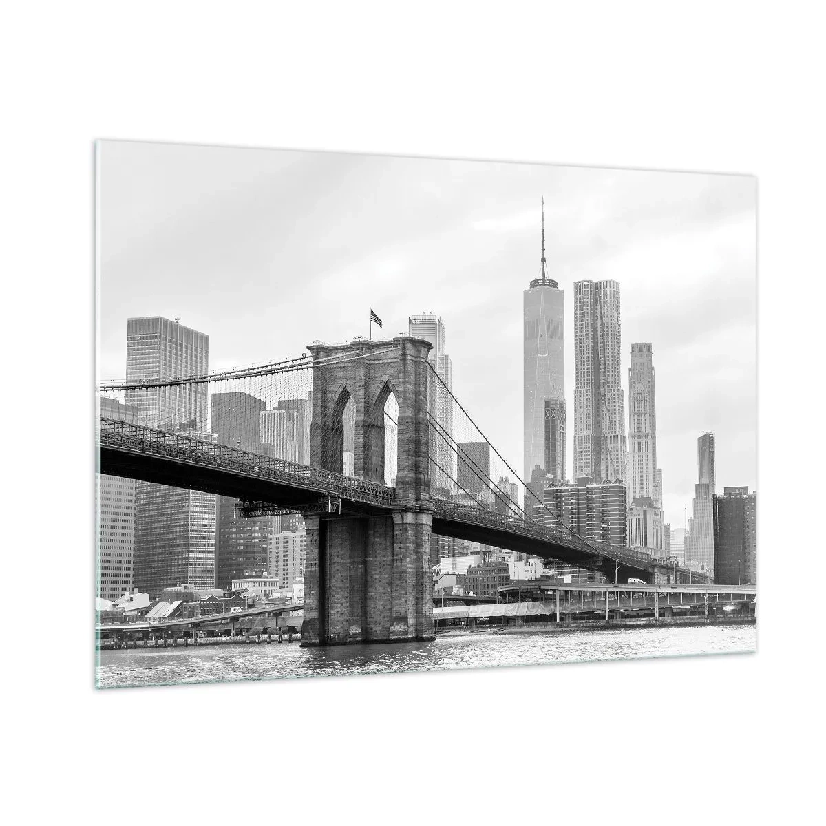 Impression sur verre - Image sur verre - Photographie en noir et blanc d'un pont et d'un paysage urbain - 100x70cm - Climat New-Yorkais - Décoration murale moderne pour le salon et la chambre ARTTOR