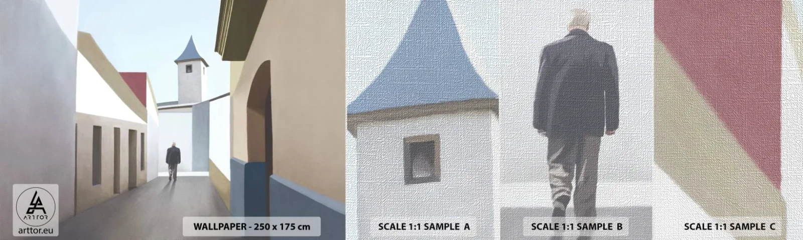 Échantillon de Papier Peint Premium Canvas - Une promenade ensoleillée - Pastel, Bâtiments, Architecture - 100x30 cm