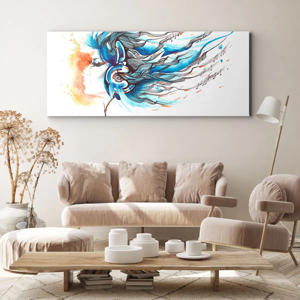 Impression sur toile - Image sur toile - Graphique artistique d'une femme portant des écouteurs avec des accents musicaux - 120x50cm - Que la musique joue - Décoration murale moderne pour le salon et la chambre ARTTOR