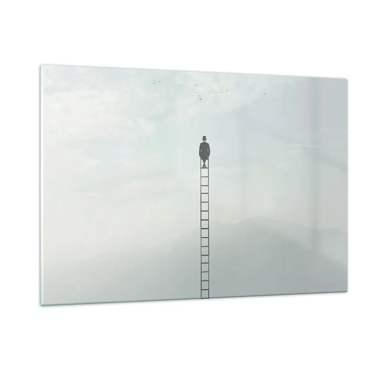 Impression sur verre - Image sur verre - Silhouette d'un homme au sommet d'une échelle dans les nuages - 120x80cm - Se soulever au-dessus - Décoration murale moderne pour le salon et la chambre ARTTOR
