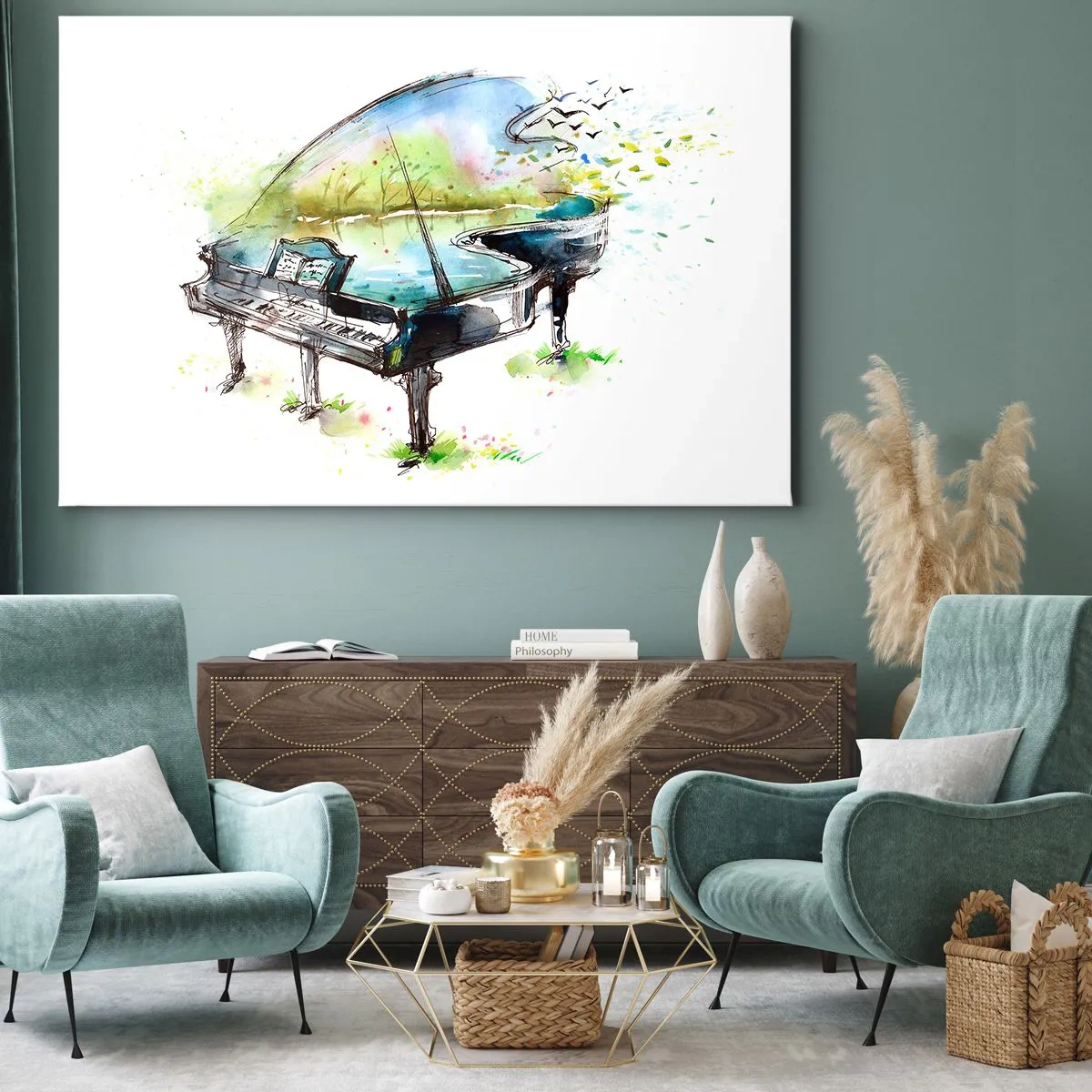 Impression sur toile - Image sur toile - Aquarelle artistique d'un piano avec la nature en arrière-plan - 70x50cm - Enchanté en musique - Décoration murale moderne pour le salon et la chambre ARTTOR