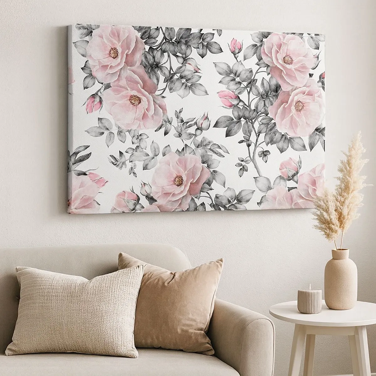 Impression sur toile - Image sur toile - Roses roses et feuilles sur un délicat fond noir et blanc - 70x50cm - Se perdre dans les fleurs des roses - Décoration murale moderne pour le salon et la chambre ARTTOR