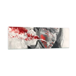 Impression sur verre - Image sur verre - Portrait artistique d'une femme aux accents rouges abstraits - 160x50cm - Dans les fumées de l'absurde - Décoration murale moderne pour le salon et la chambre ARTTOR