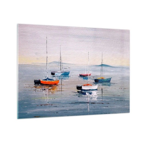 Impression sur verre - Image sur verre - Bateaux colorés dérivant sur l'eau calme au coucher du soleil - 70x50cm - Un repos bien mérité - Décoration murale moderne pour le salon et la chambre ARTTOR