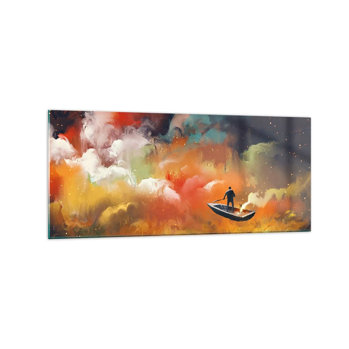 Impression sur verre - Image sur verre - Une silhouette dans un bateau sur un fond de nuages colorés - 120x50cm - En bateau à travers la galaxie - Décoration murale moderne pour le salon et la chambre ARTTOR