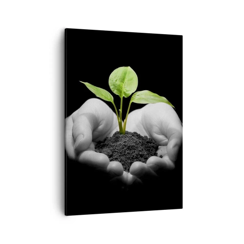 Impression sur toile - Image sur toile - Mains tenant une plante verte sur fond noir - 50x70cm - J'aime la nature, je la protège - Décoration murale moderne pour le salon et la chambre ARTTOR