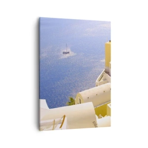 Impression sur toile - Image sur toile - Architecture grecque avec vue sur la mer et un bateau en arrière-plan - 50x70cm - Paysage grec en blanc et bleu ciel - Décoration murale moderne pour le salon et la chambre ARTTOR