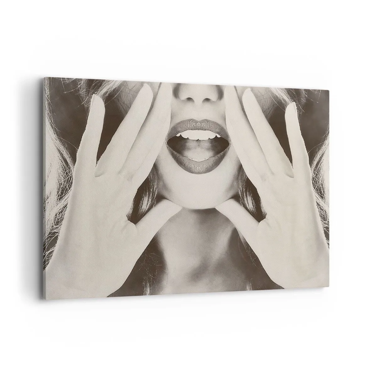 Impression sur toile - Image sur toile - Portrait noir et blanc d'une femme aux lèvres et aux mains expressives - 100x70cm - J'arrive! - Décoration murale moderne pour le salon et la chambre ARTTOR