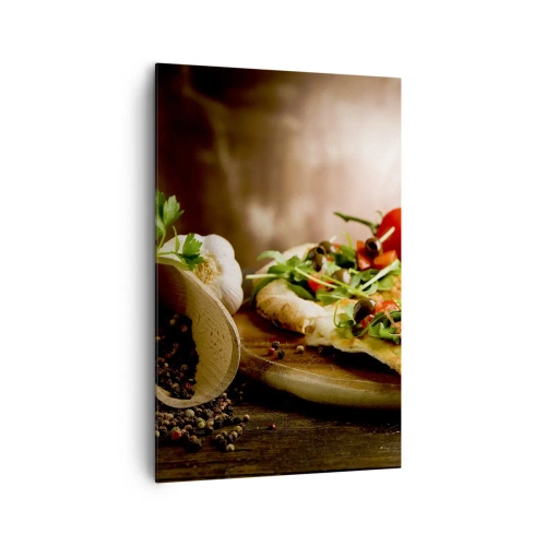 Impression sur toile - Image sur toile - Pizza aux légumes sur une planche en bois dans un style rustique - 80x120cm - Directement du four et du jardin - Décoration murale moderne pour le salon et la chambre ARTTOR