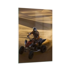 Impression sur verre - Image sur verre - Un motocycliste sur un quad traversant à toute vitesse les dunes de sable du désert - 70x100cm - Sur les vagues de sable - Décoration murale moderne pour le salon et la chambre ARTTOR