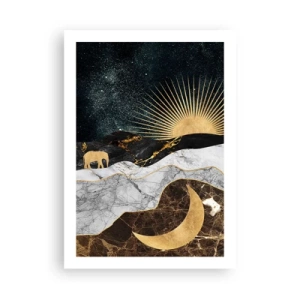 Affiche - Poster - Paysage doré avec la lune, le soleil et la silhouette d'un éléphant - 50x70cm - Lois éternelles - Décoration murale moderne pour le salon et la chambre ARTTOR