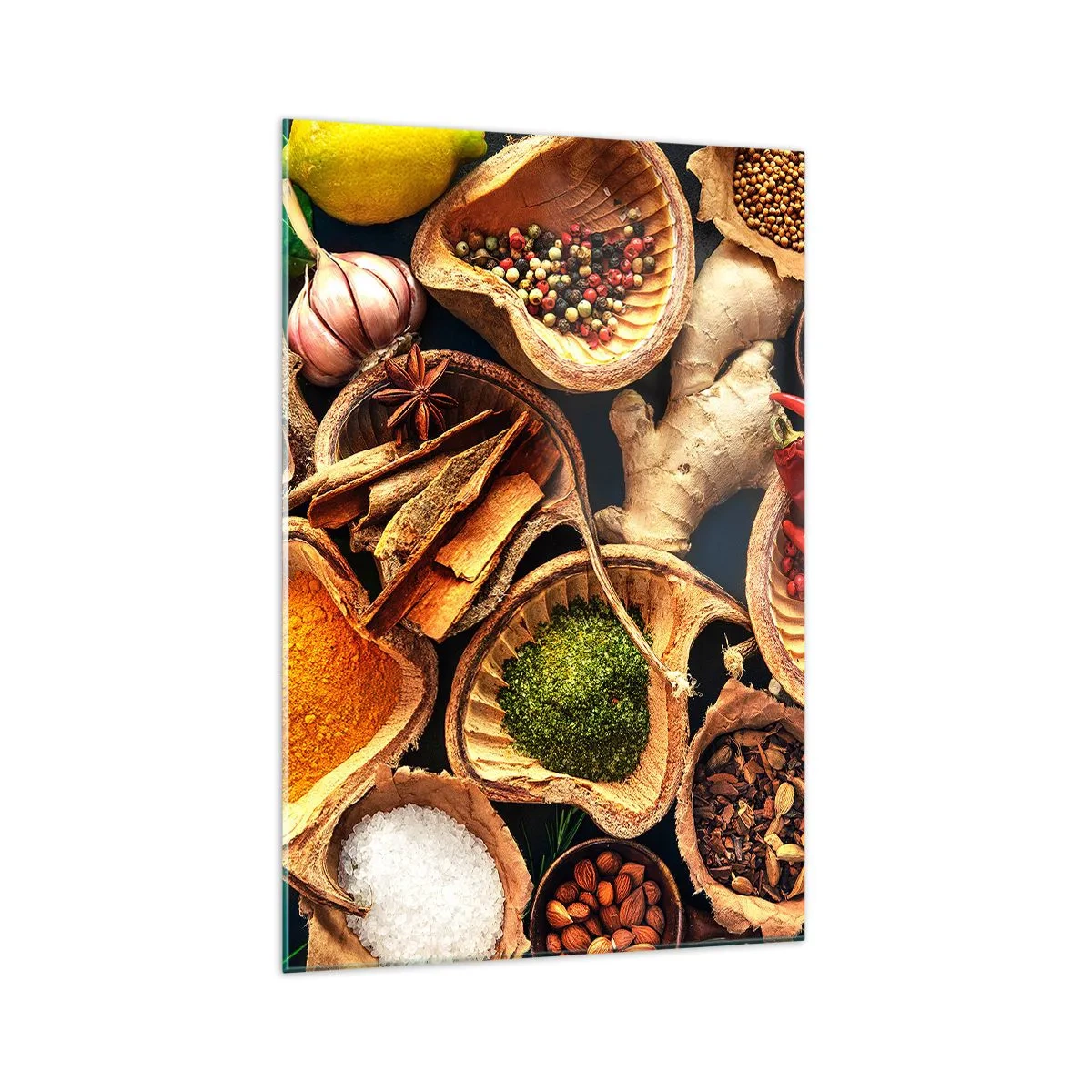 Impression sur verre - Image sur verre - Bols d'épices de différentes couleurs - 70x100cm - Prends ce que tu veux - Décoration murale moderne pour le salon et la chambre ARTTOR