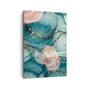 Impression sur toile - Image sur toile - Une composition abstraite dans des tons turquoise et or. - 50x70cm - Soie bleu, tulle rose - Décoration murale moderne pour le salon et la chambre ARTTOR