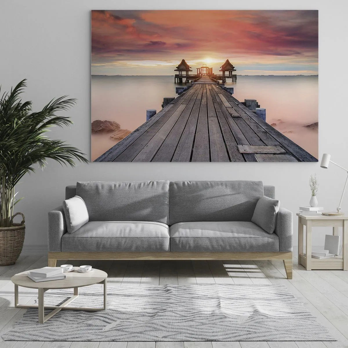 Impression sur verre - Image sur verre - Jetée en bois menant aux belvédères au bord de l'eau au coucher du soleil - 70x50cm - L'Ouest à l'Est - Décoration murale moderne pour le salon et la chambre ARTTOR