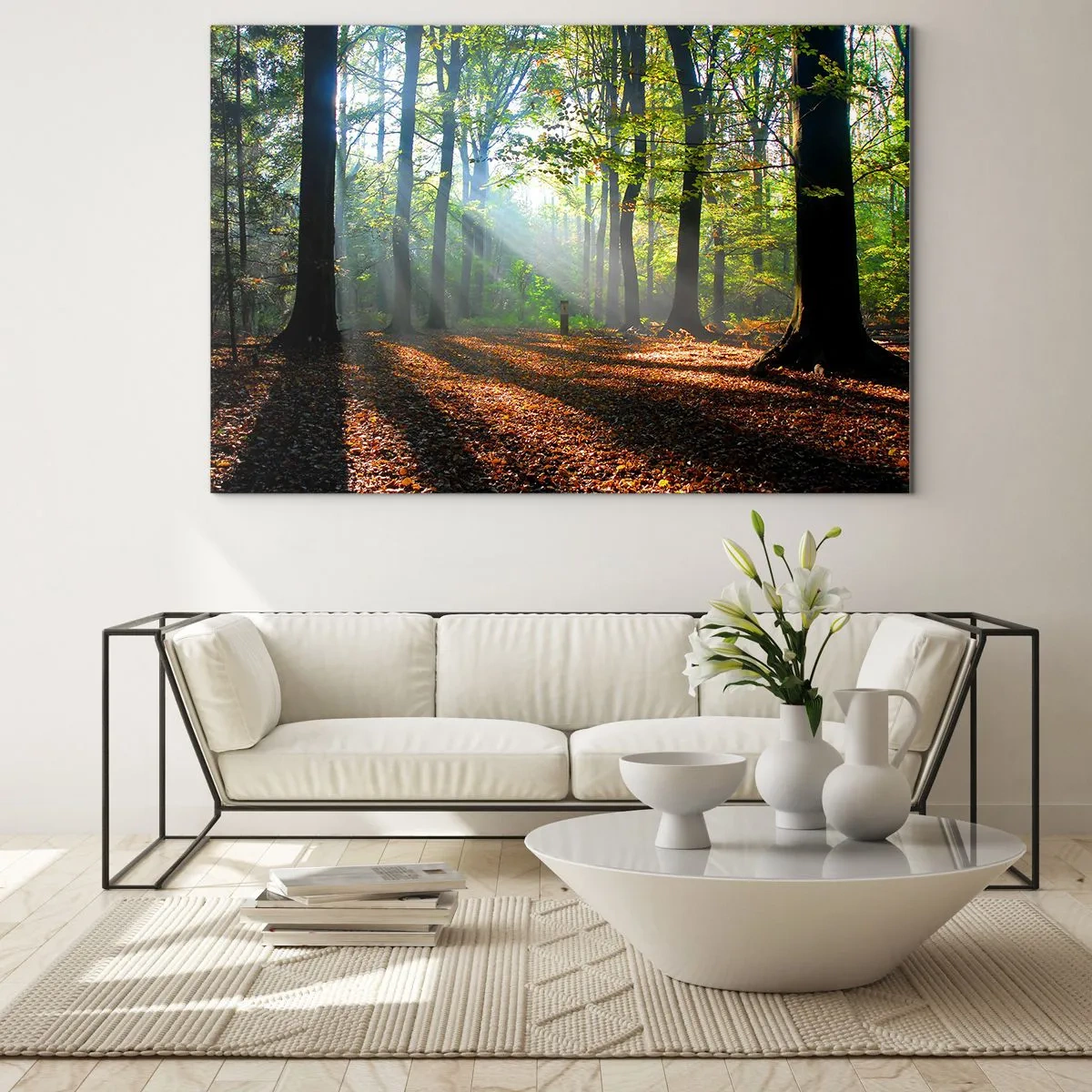 Impression sur verre - Image sur verre - Une forêt sous les rayons du soleil dans un paysage d'automne - 70x50cm - Ombres et lumières - Décoration murale moderne pour le salon et la chambre ARTTOR