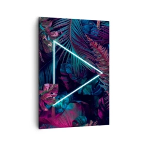 Impression sur toile - Image sur toile - Un triangle néon entouré de feuilles tropicales aux couleurs sombres. - 50x70cm - Jardin de style disco - Décoration murale moderne pour le salon et la chambre ARTTOR