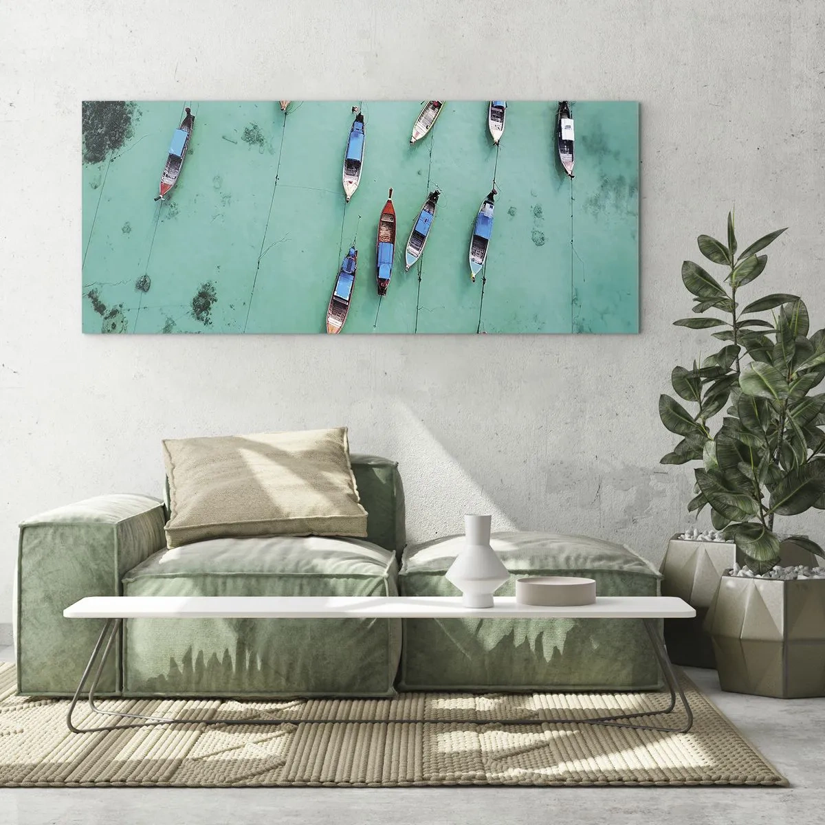 Impression sur verre - Image sur verre - Vue aérienne de bateaux sur une eau turquoise - 140x50cm - Dans une attente jouyeuse - Décoration murale moderne pour le salon et la chambre ARTTOR