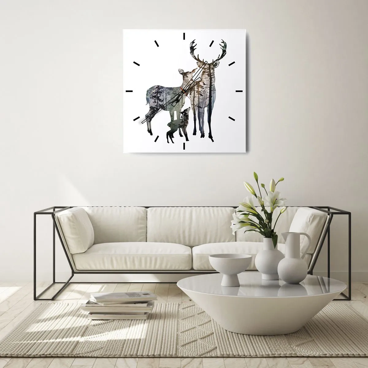 Horloge murale - Pendule murale - Paysage forestier aux silhouettes de cerfs - 30x30cm - Photographie de famille - Décoration murale moderne pour le salon et la chambre ARTTOR