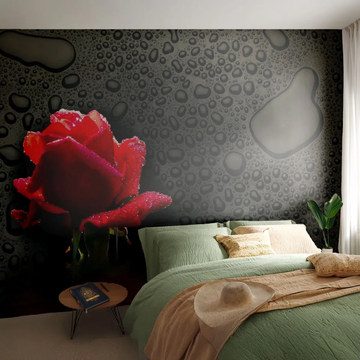 Papier Peint Photo Premium Sand - Une rose rouge sur un fond de gouttes d'eau noires - 100x70cm - Rouge et noir - Décoration murale moderne pour le salon et la chambre ARTTOR