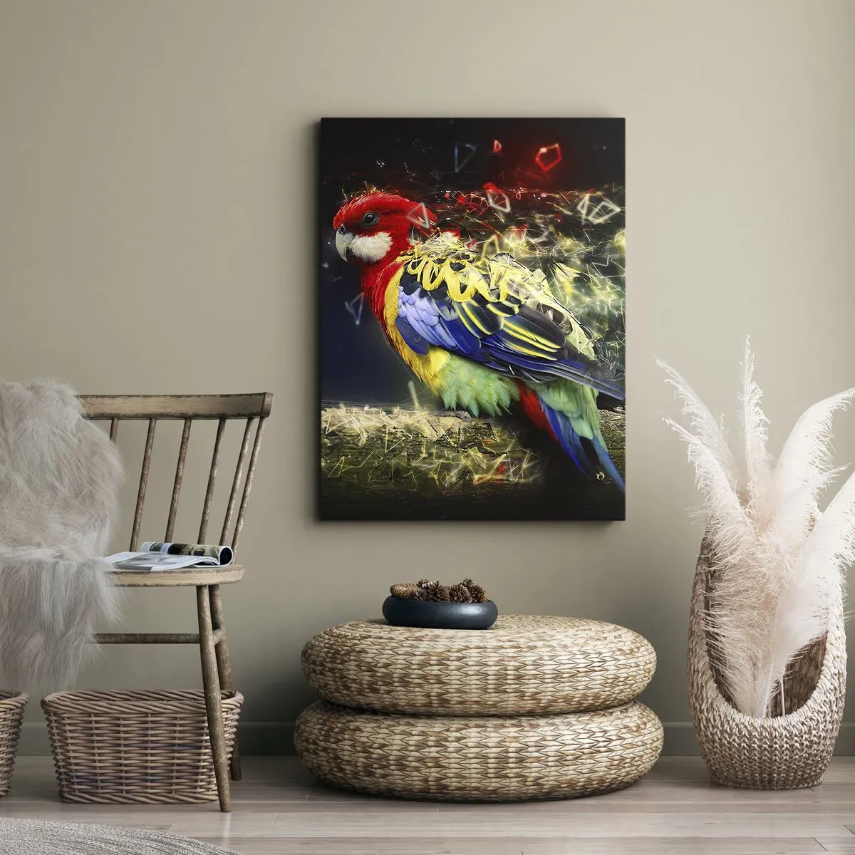 Impression sur toile - Image sur toile - Un perroquet aux couleurs vives sur un fond d'effets de lumière - 80x120cm - Messager d'éclat - Décoration murale moderne pour le salon et la chambre ARTTOR