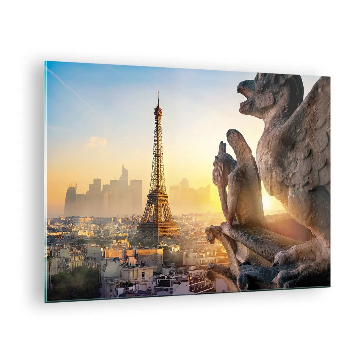 Impression sur verre - Image sur verre - La Tour Eiffel dans le brouillard matinal, avec vue sur Paris et sculptures gothiques - 70x50cm - Tellement de choses ont changés... - Décoration murale moderne pour le salon et la chambre ARTTOR