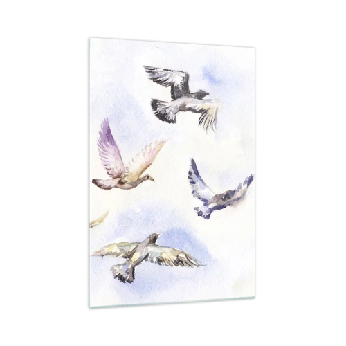 Impression sur verre - Image sur verre - Oiseaux à l'aquarelle en vol sur un ciel délicat - 70x100cm - Liberté en gris et bleu - Décoration murale moderne pour le salon et la chambre ARTTOR