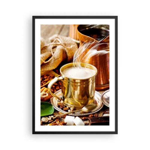Affiche dans un cadre noir - Poster - Une tasse dorée avec du café chaud et de la vapeur sur un fond de grains de café. - 50x70cm - Bonne journée! - Décoration murale moderne pour le salon et la chambre ARTTOR