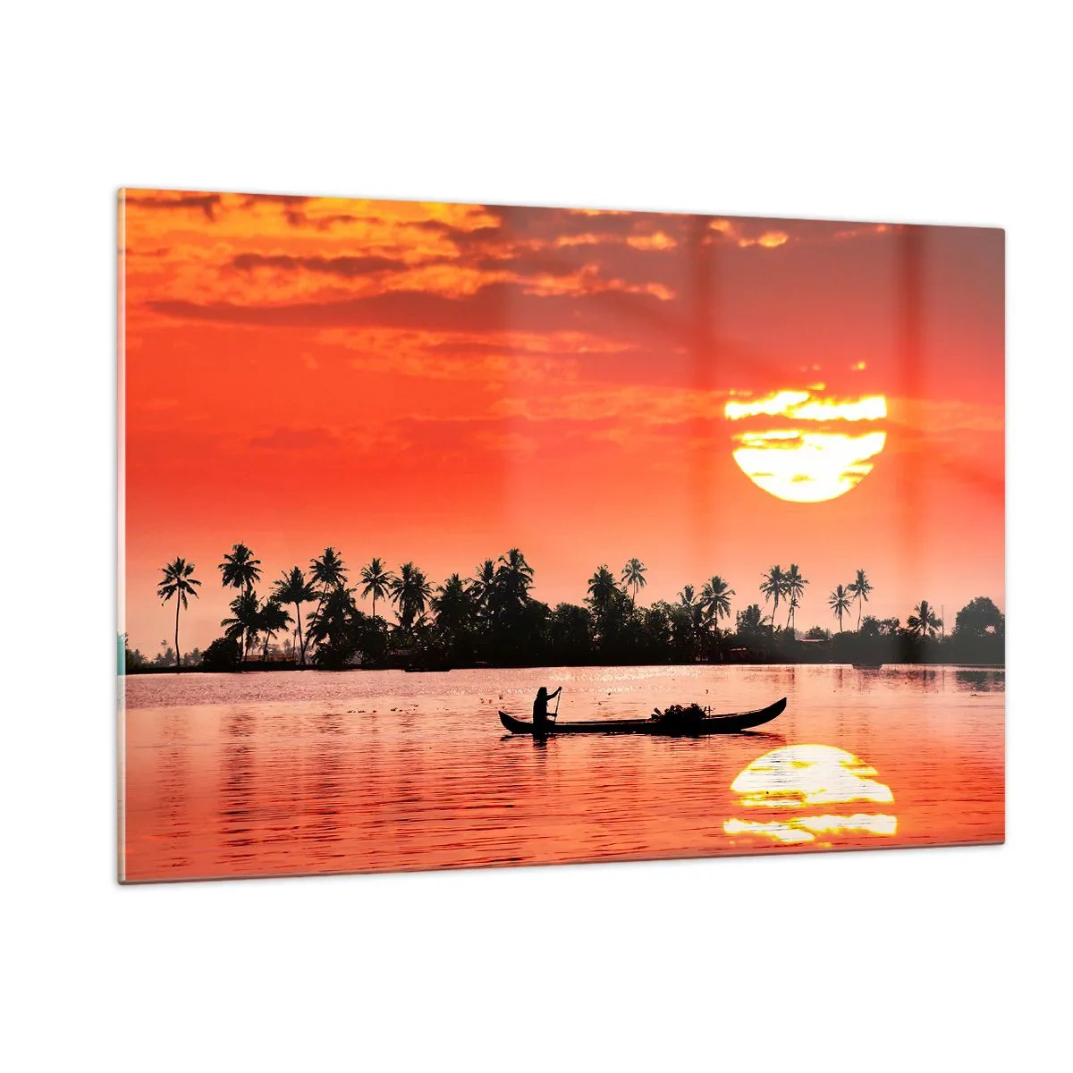 Impression sur verre - Image sur verre - Coucher de soleil sur la rivière avec des palmiers et un bateau - 120x80cm - La tranquillité des tropiques au coucher du soleil - Décoration murale moderne pour le salon et la chambre ARTTOR