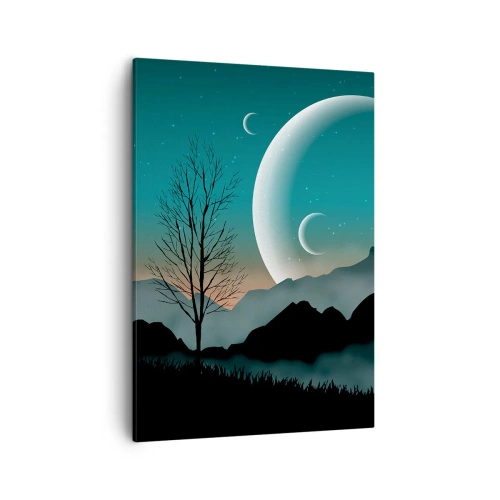 Impression sur toile - Image sur toile - Montagnes brumeuses avec la lune et un arbre solitaire - 50x70cm - Carnaval de la nuit étoilée - Décoration murale moderne pour le salon et la chambre ARTTOR