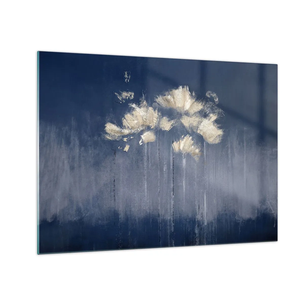 Impression sur verre - Image sur verre - Composition florale abstraite dorée sur fond bleu marine - 70x50cm - Comme des pétales au vent - Décoration murale moderne pour le salon et la chambre ARTTOR