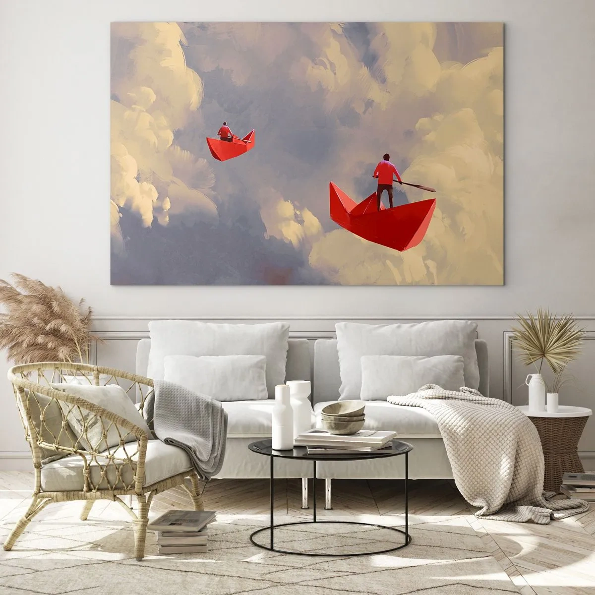 Impression sur verre - Image sur verre - Deux personnes dans des bateaux rouges contre un ciel nuageux - 70x50cm - Expédition des Rêveurs - Décoration murale moderne pour le salon et la chambre ARTTOR