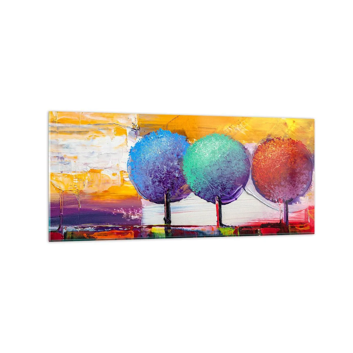 Impression sur verre - Image sur verre - Trois arbres colorés sur un fond abstrait - 120x50cm - Art jusqu'à trois - Décoration murale moderne pour le salon et la chambre ARTTOR