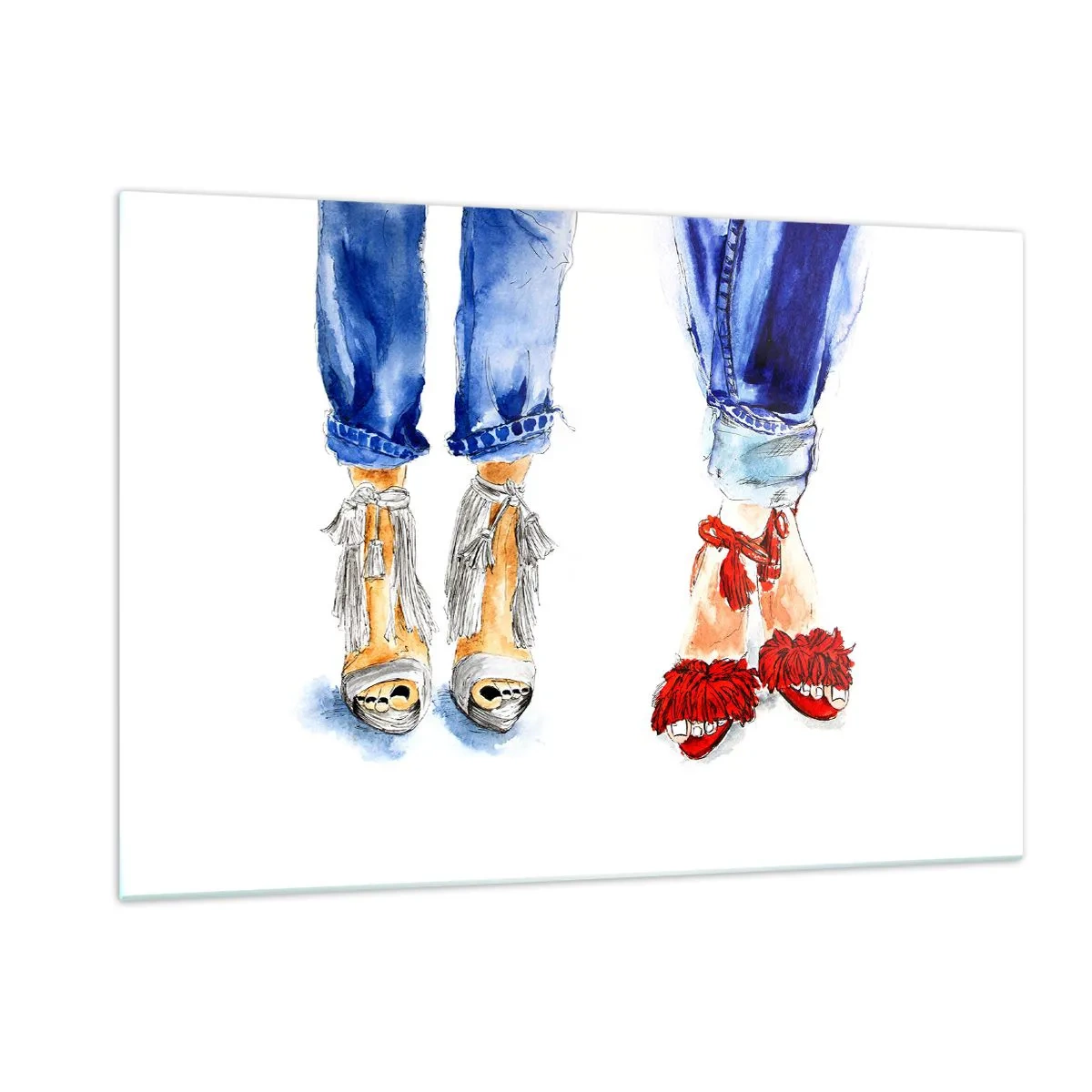Impression sur verre - Image sur verre - Deux chaussures élégantes sur fond de jeans - 120x80cm - Peut-être irons-nous nous promener? - Décoration murale moderne pour le salon et la chambre ARTTOR
