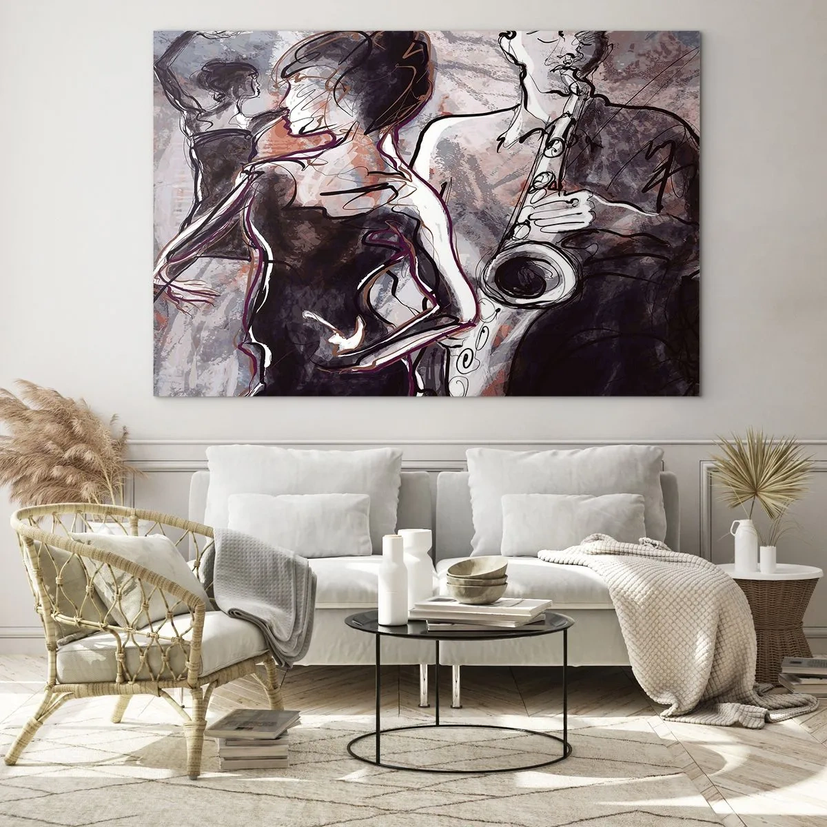 Impression sur verre - Image sur verre - Des danseurs et un saxophoniste dans un style de croquis artistique - 120x80cm - Ne faire qu'un avec la musique - Décoration murale moderne pour le salon et la chambre ARTTOR