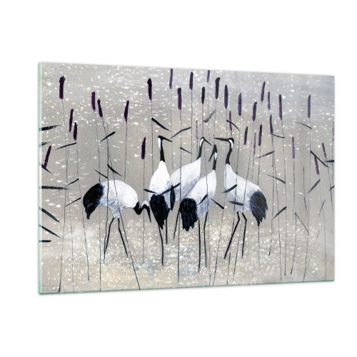 Impression sur verre - Image sur verre - Quatre grues parmi les roseaux au bord du lac - 120x80cm - Parmi les siens - Décoration murale moderne pour le salon et la chambre ARTTOR