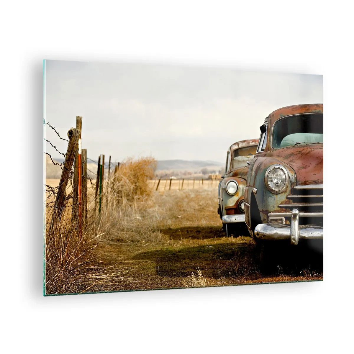 Impression sur verre - Image sur verre - Voitures anciennes sur une route de campagne - 70x50cm - Repos bien mérité - Décoration murale moderne pour le salon et la chambre ARTTOR