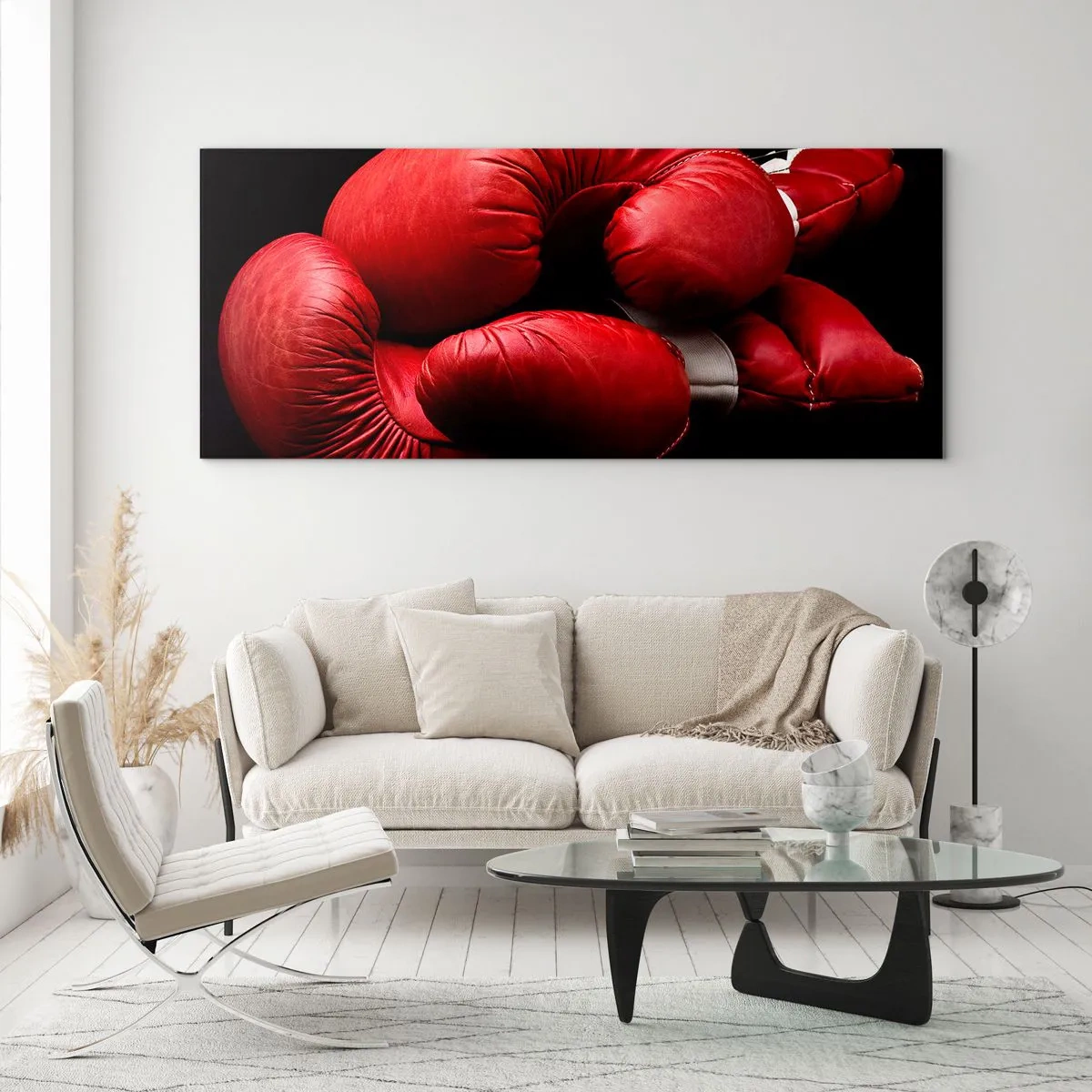Impression sur verre - Image sur verre - Gants de boxe rouges sur fond noir - 160x50cm - Les émotions du combat sont derrière nous - Décoration murale moderne pour le salon et la chambre ARTTOR
