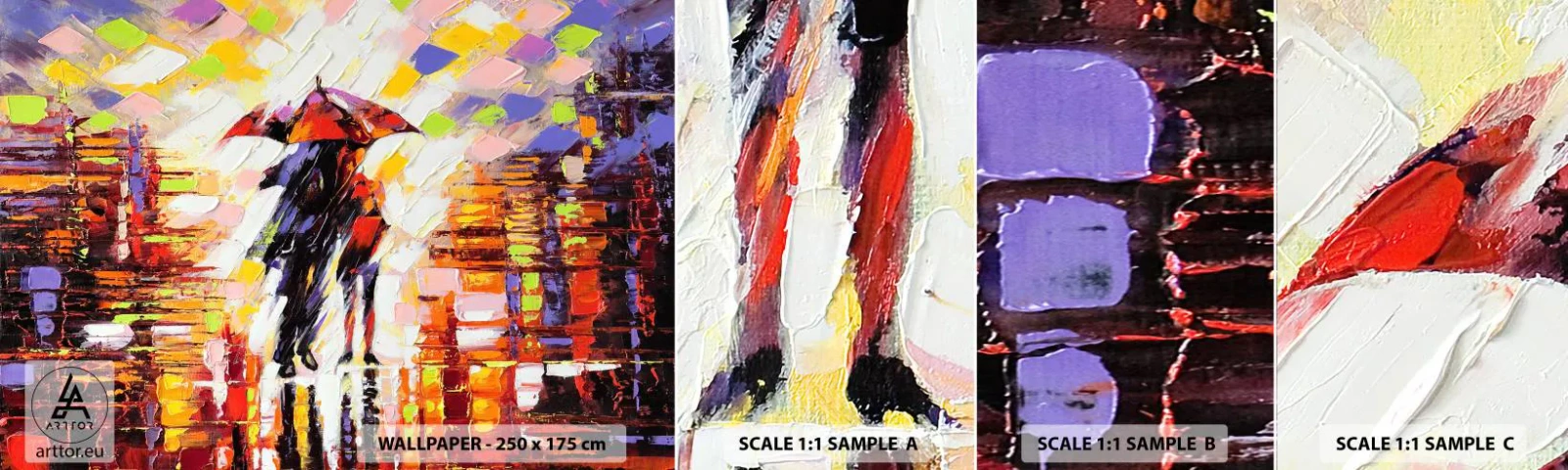 Échantillon de Papier Peint Autocollant Deluxe Sticker - Ensemble à travers la nuit et la pluie - Abstraction, Couple amoureux, Marcher sous la pluie - 100x30 cm