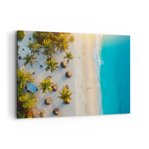 Impression sur toile - Image sur toile - Vue d'une plage tropicale avec des palmiers et une mer turquoise - 120x80cm - Bienvenue au paradis - Décoration murale moderne pour le salon et la chambre ARTTOR