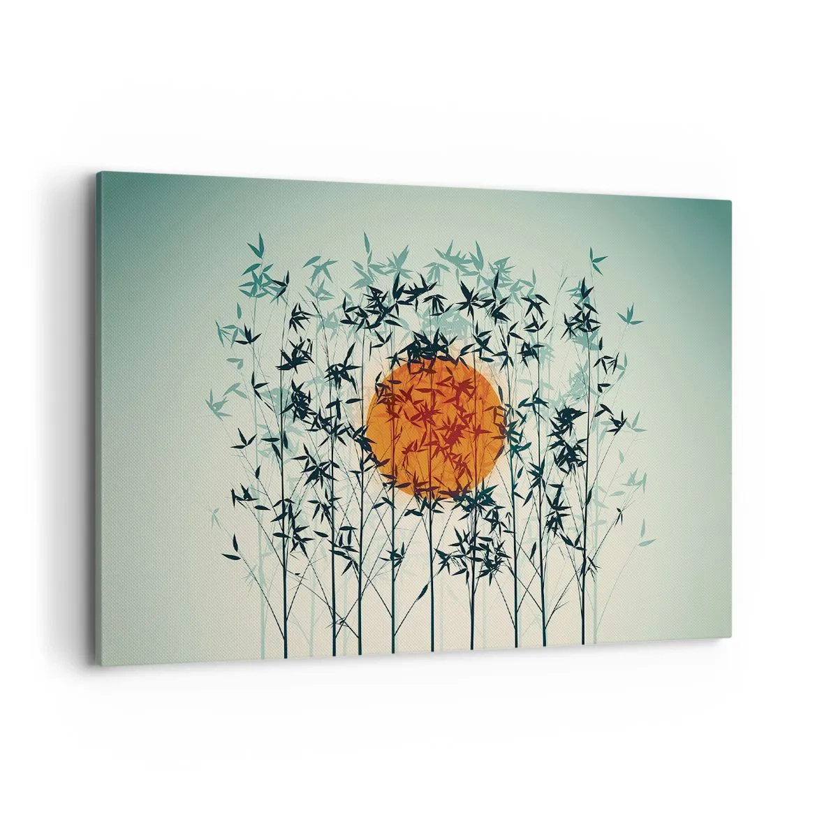 Impression sur toile - Image sur toile - Soleil orange parmi les branches de bambou - 100x70cm - Soleil japonnais - Décoration murale moderne pour le salon et la chambre ARTTOR