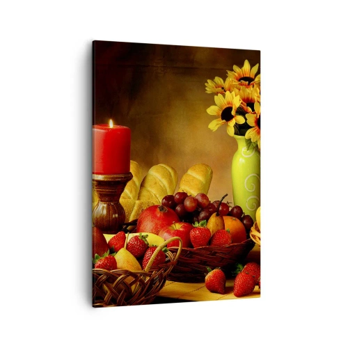 Impression sur toile - Image sur toile - Nature morte avec fruits, pain, bougie et fleurs - 50x70cm - Nature morte de pain et de fruits - Décoration murale moderne pour le salon et la chambre ARTTOR