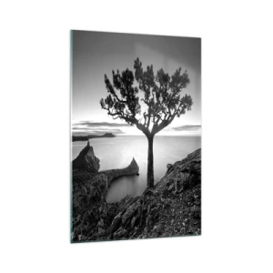 Impression sur verre - Image sur verre - Paysage noir et blanc avec un arbre solitaire sur une falaise au-dessus de la mer - 70x100cm - Paix jusqu'à l'horizon - Décoration murale moderne pour le salon et la chambre ARTTOR
