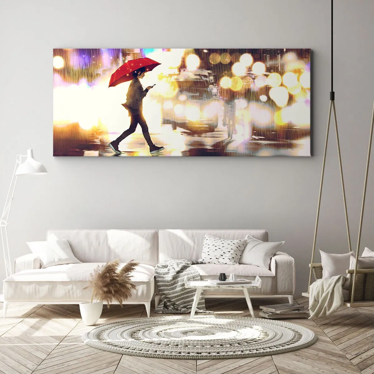 Impression sur toile - Image sur toile - Une silhouette avec un parapluie rouge dans la rue sous la pluie - 120x50cm - Et pourtant ensoleillé - Décoration murale moderne pour le salon et la chambre ARTTOR